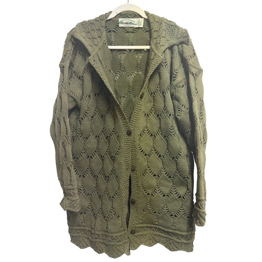 Aran Crafts Merino Wool Pointelle Knit Green Long Cardigan Sweater XL